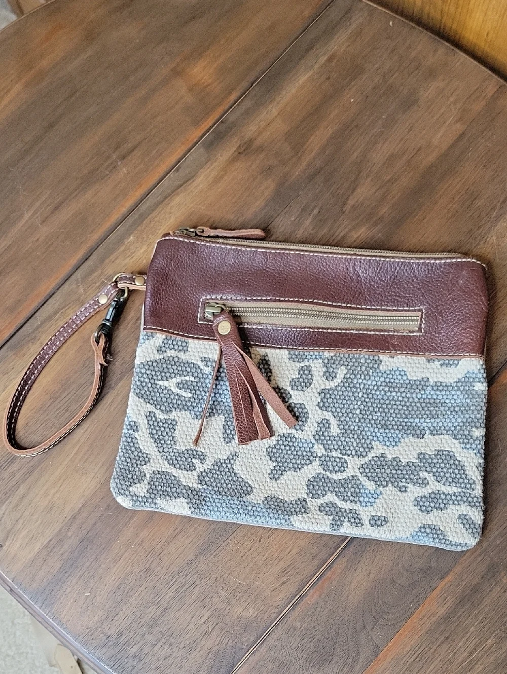 Myra NWOT PUZZLED POUCH Upcycled Canvas Leather Clutch Wristlet Pouch